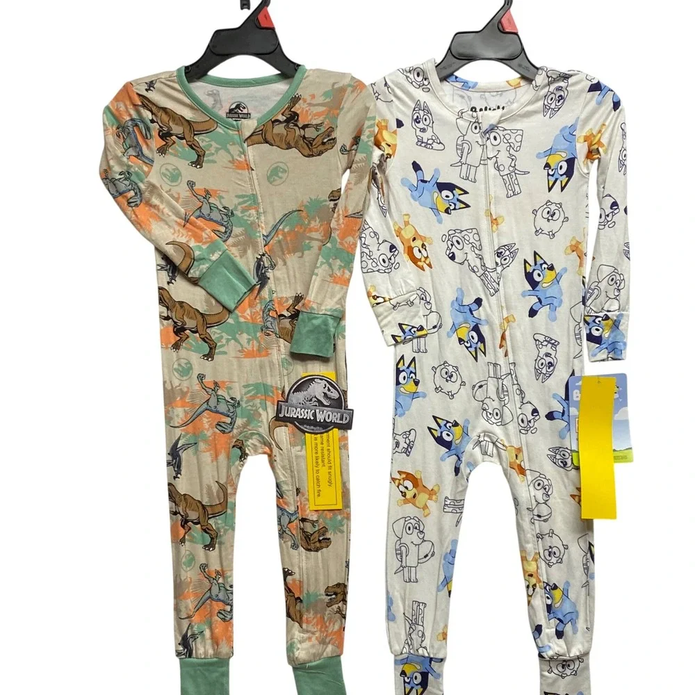 Jurassic World & Bluey Kids Pajamas Bundle 2 Pack‎ Zip Up Sleepers 12 MOs NWT